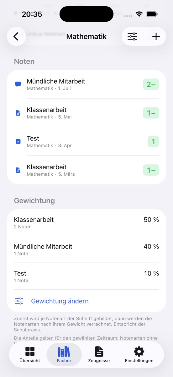 Notenliste in Mathematik und darunter die Gewichtung: Klassenarbeit 50 %, mündliche Mitarbeit 40 %, Test 10 %