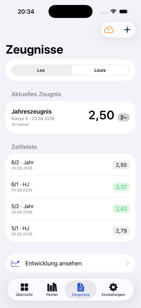 Zeugnisse mit dem aktuellen Jahreszeugnis (2,50) und der Zeitleiste der Zeugnisse 5/1 bis 6/2